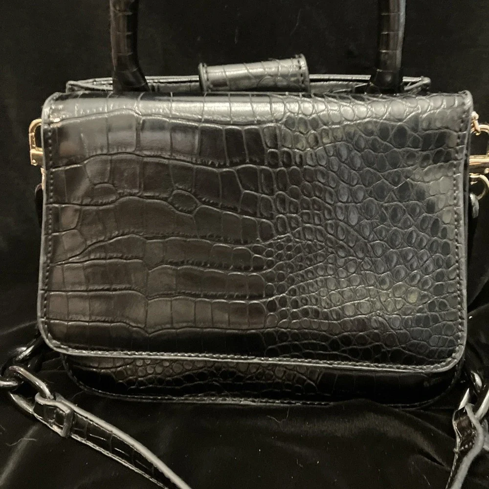HOUSE OF WANT Newbie Satchel Bag Black Gold Hardware Croc Vegan Leather Purse